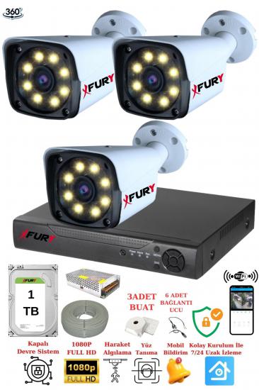 FURY 3 Kameralı 5mp Lens 1080p 2mp Color Görüntü 8 Warm Led Gece Görüş Fullhd Güvenlik Kamera 5520w 1TB