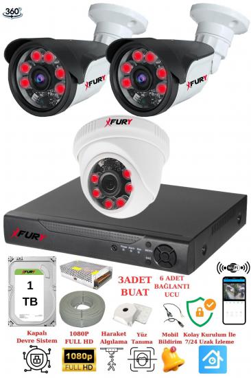 FURY 3 Kameralı 5mp 3.6mm Lens 2mp Görüntü 6 Atom Led Gece Görüşlü FullHd Güvenlik Kamerası 5570di 1TB