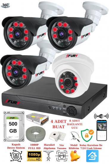 FURY 4 Kameralı 5mp 3.6mm Lens 2mp Görüntü 6 Atom Led Gece Görüşlü FullHd Güvenlik Kamerası 5570di 500GB