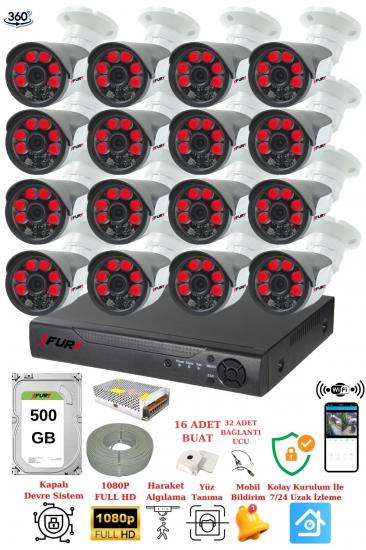 FURY 16 Kameralı 5mp Lensli 1080P 2mp Görüntü 6 Atom Gece Görüşlü FullHd Güvenlik Kamerası Sistemi 500GB