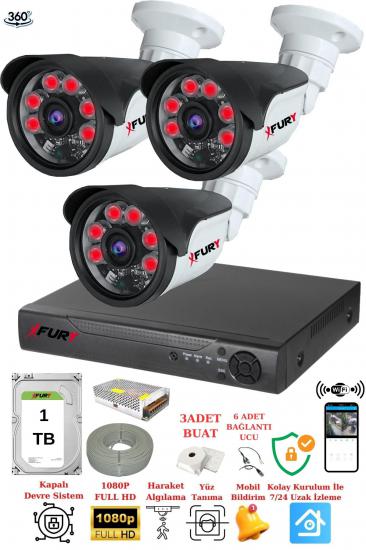 FURY 3 Kameralı 5mp Lensli 1080P 2mp Görüntü 6 Atom Gece Görüşlü FullHd Güvenlik Kamerası Sistemi 1TB
