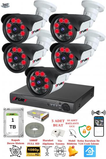 FURY 5 Kameralı 5mp Lensli 1080P 2mp Görüntü 6 Atom Gece Görüşlü FullHd Güvenlik Kamerası Sistemi 1TB